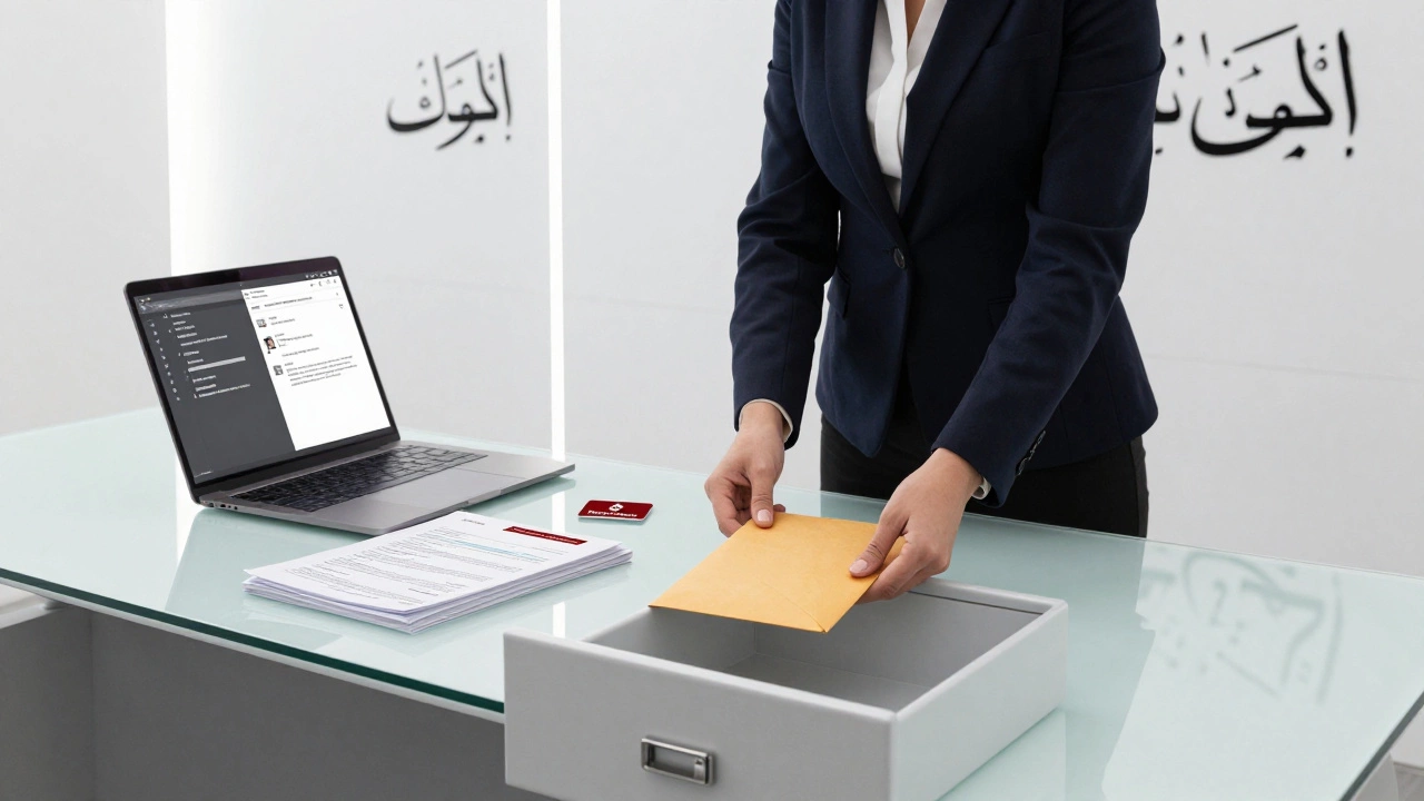 A discreet agency office with encrypted devices and verified documents on a minimalist desk.