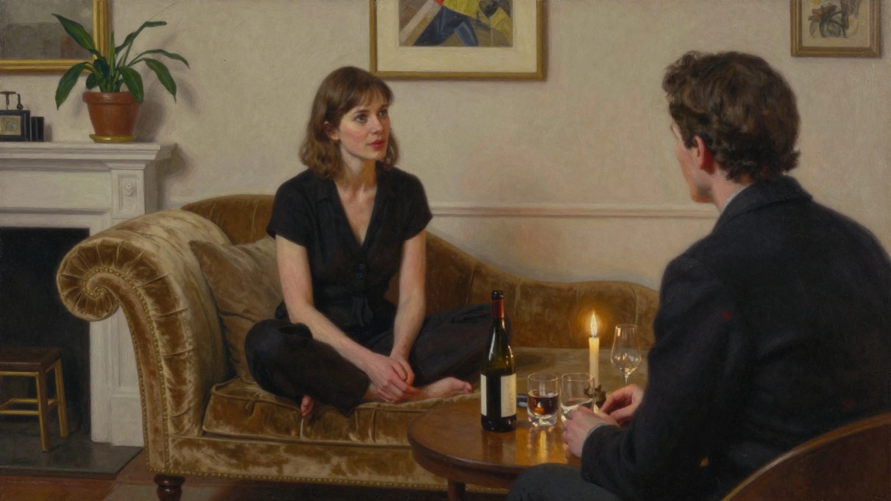 A poised woman and client sit across from each other in a softly lit apartment, sharing a quiet moment over wine and conversation.