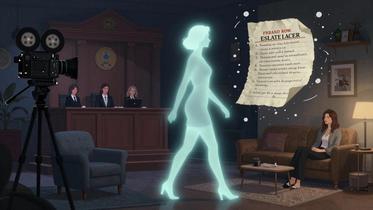 A woman walks through a glowing London night, her presence blending scenes of performance, work, and human connection in surreal light.