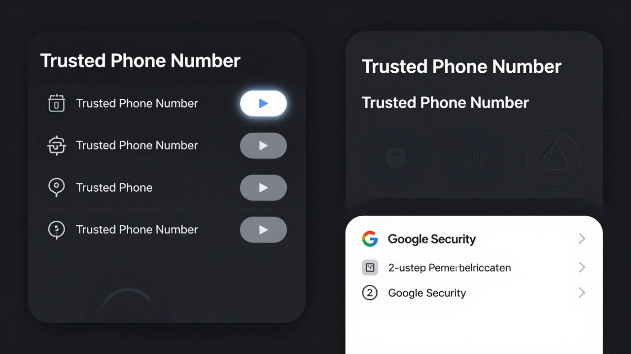 Digital screens showing settings for Apple and Google account phone number updates.