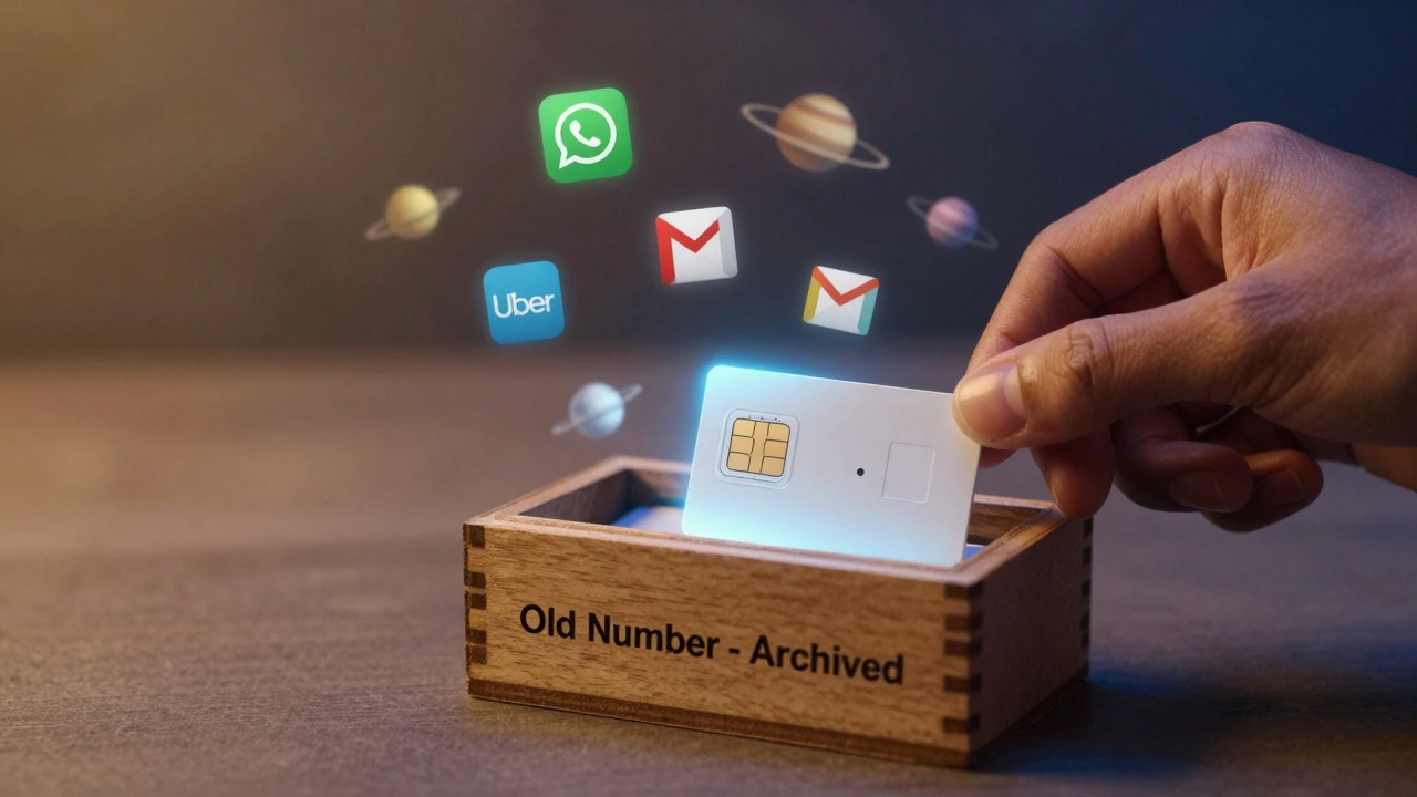 New SIM card beside old one, with floating app icons representing digital accounts.