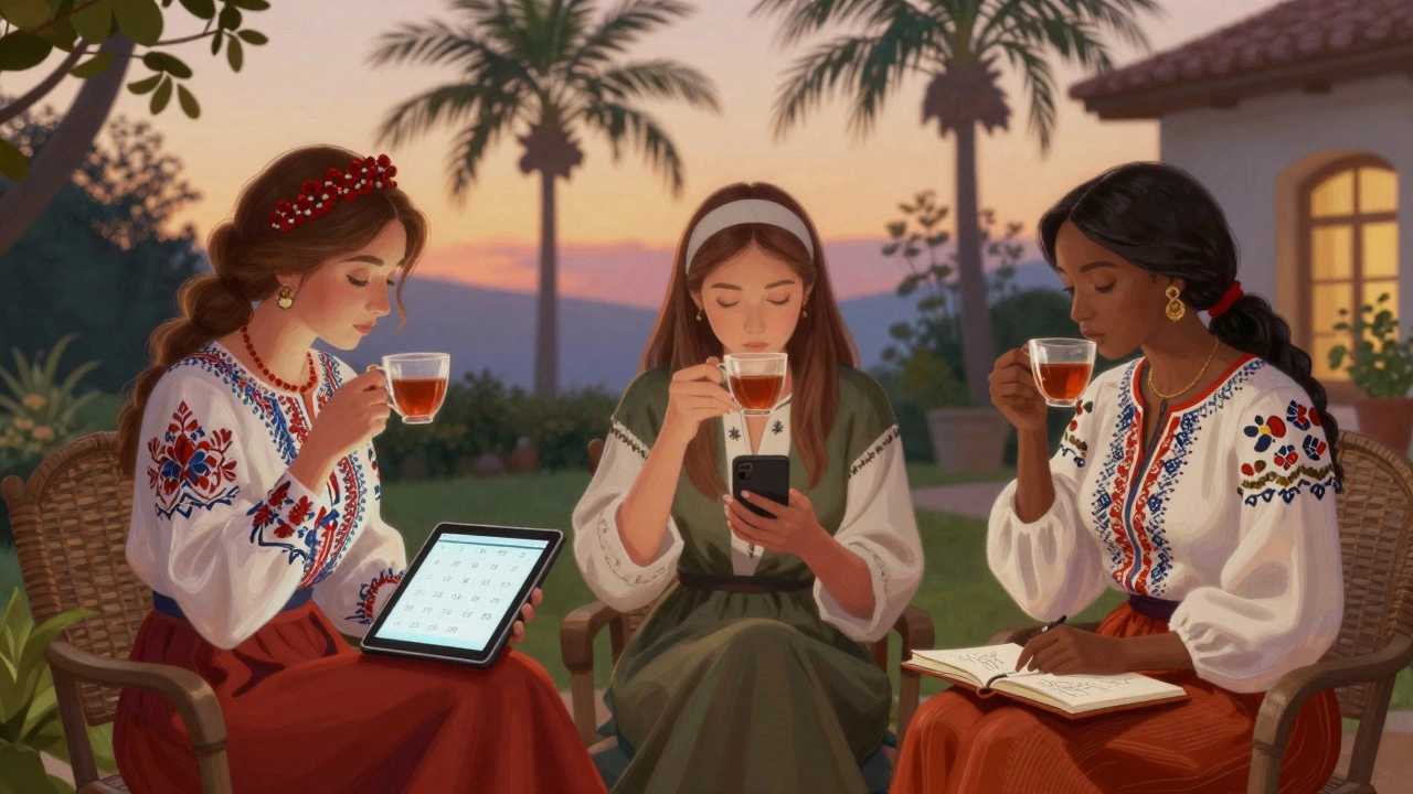 Three professional women from different backgrounds share a quiet moment in a villa garden at dusk.
